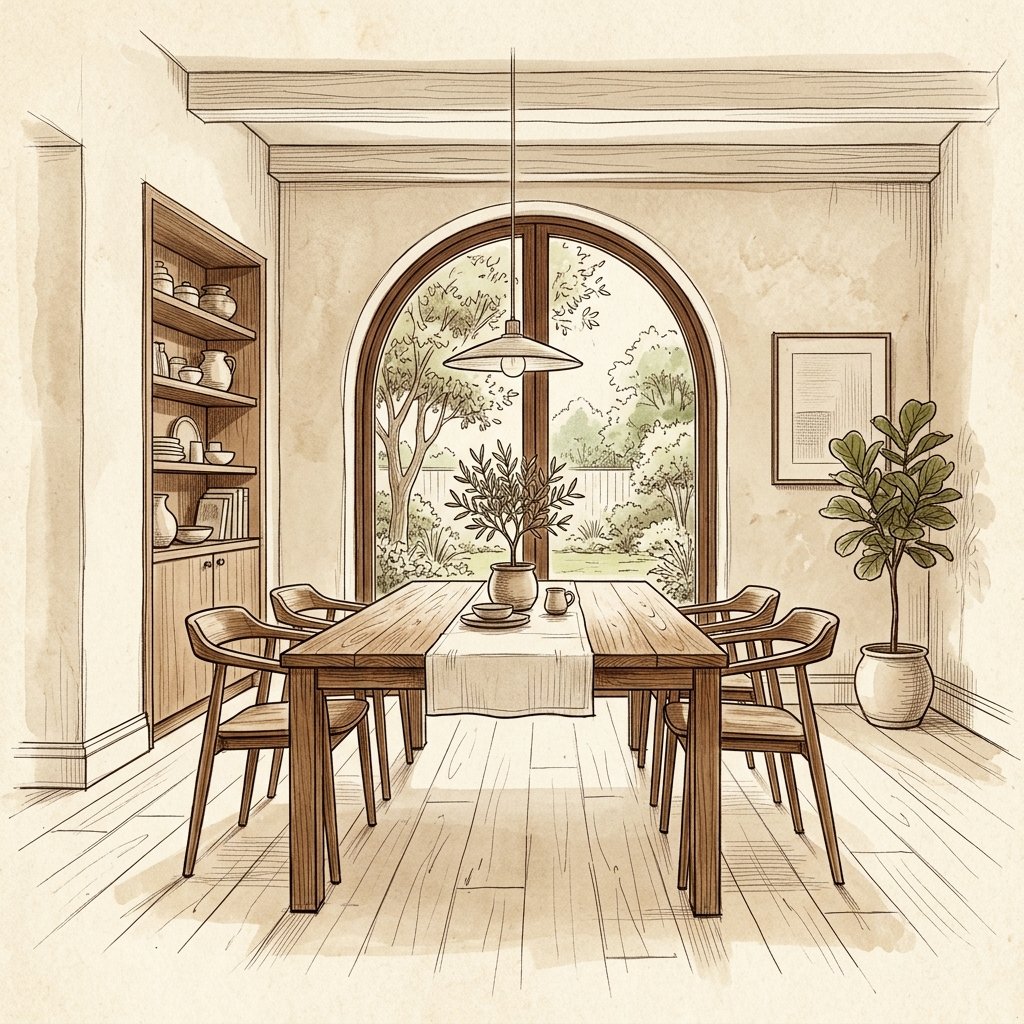 Architectural perspective sketch of dining table with curved wood chairs and arched window